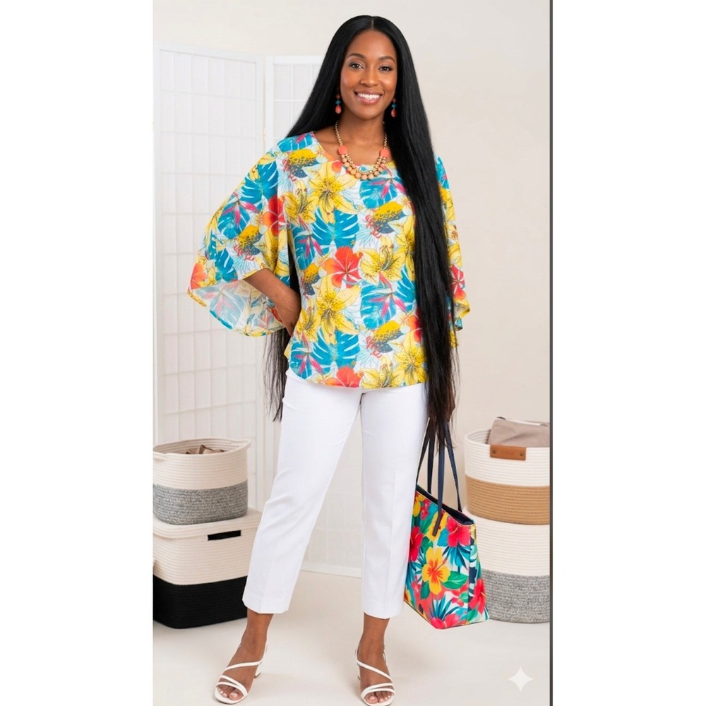 Chicos Tropical Floral Pineapple Flutter Sleeve Blouse Yellow Blue L/XL